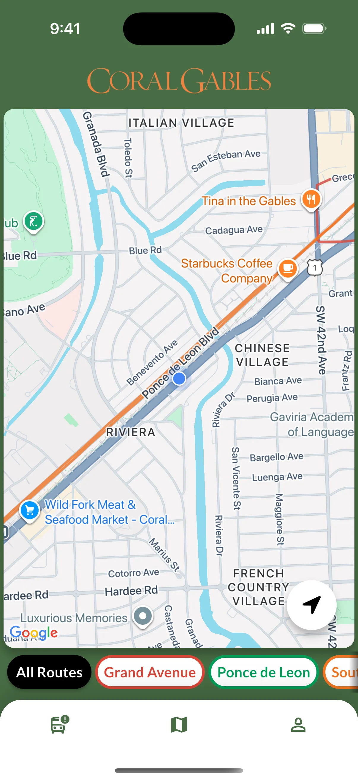 Interactive map view showing Coral Gables trolley routes and stops